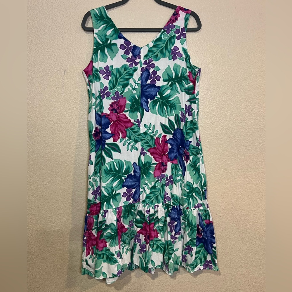 Vintage Hilo Hattie Women’s Hawaiian Floral Ruffle Sleeveless Midi Dress Medium